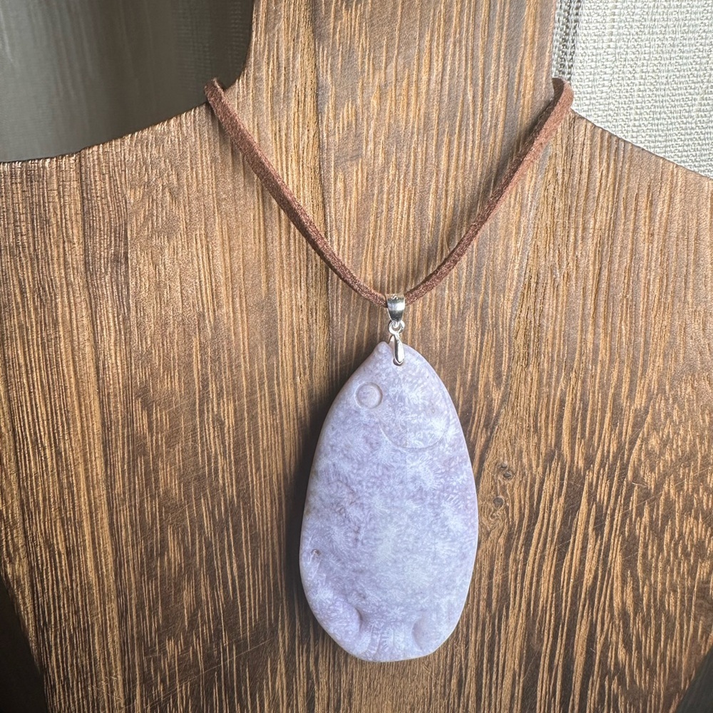 Ice Purple Coral Fossil Jade Fish Pendant Necklace on Brown Faux Suede - Picture 5 of 16